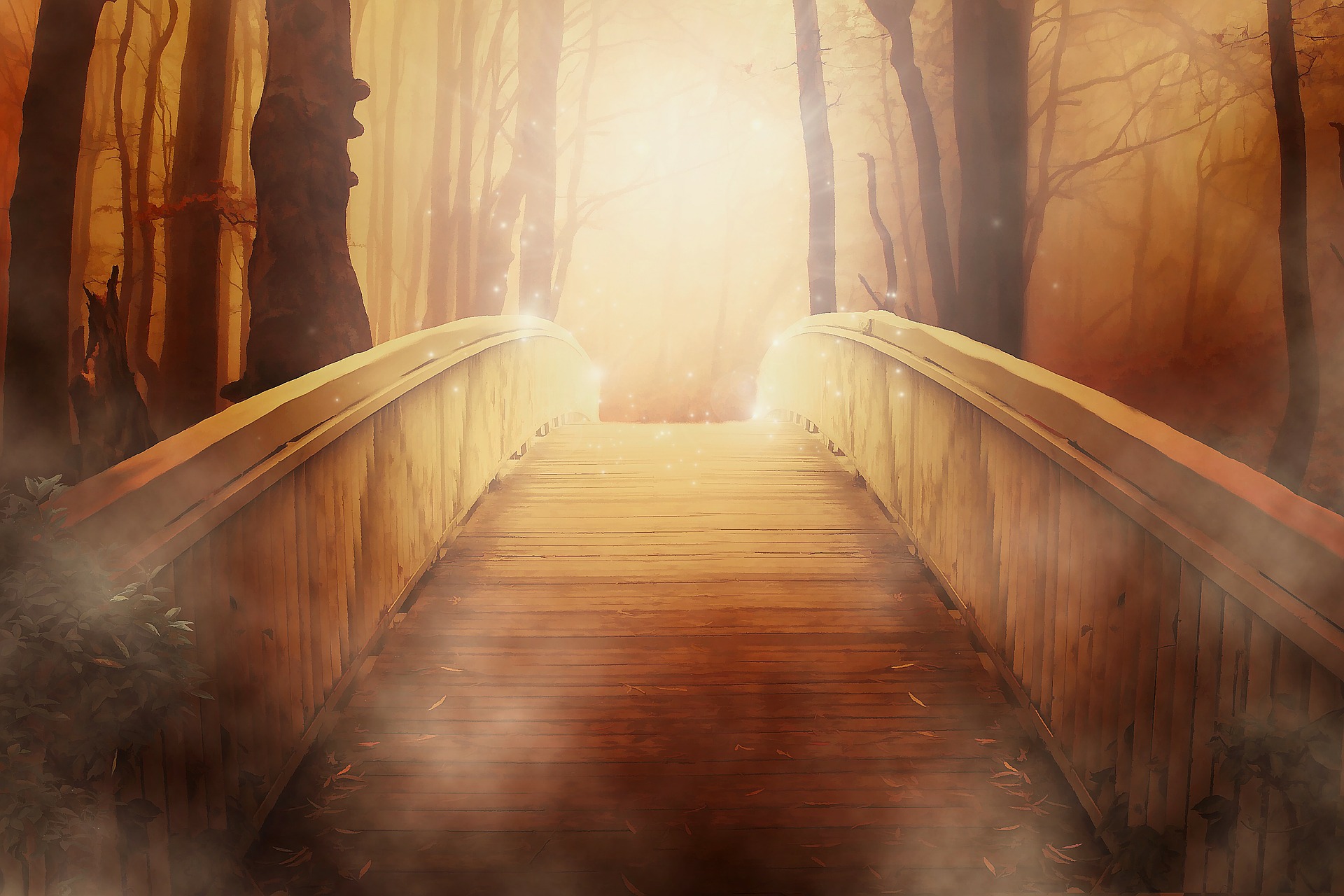 An arched wooden bridge in a leafless forest with a bright light on the other side.